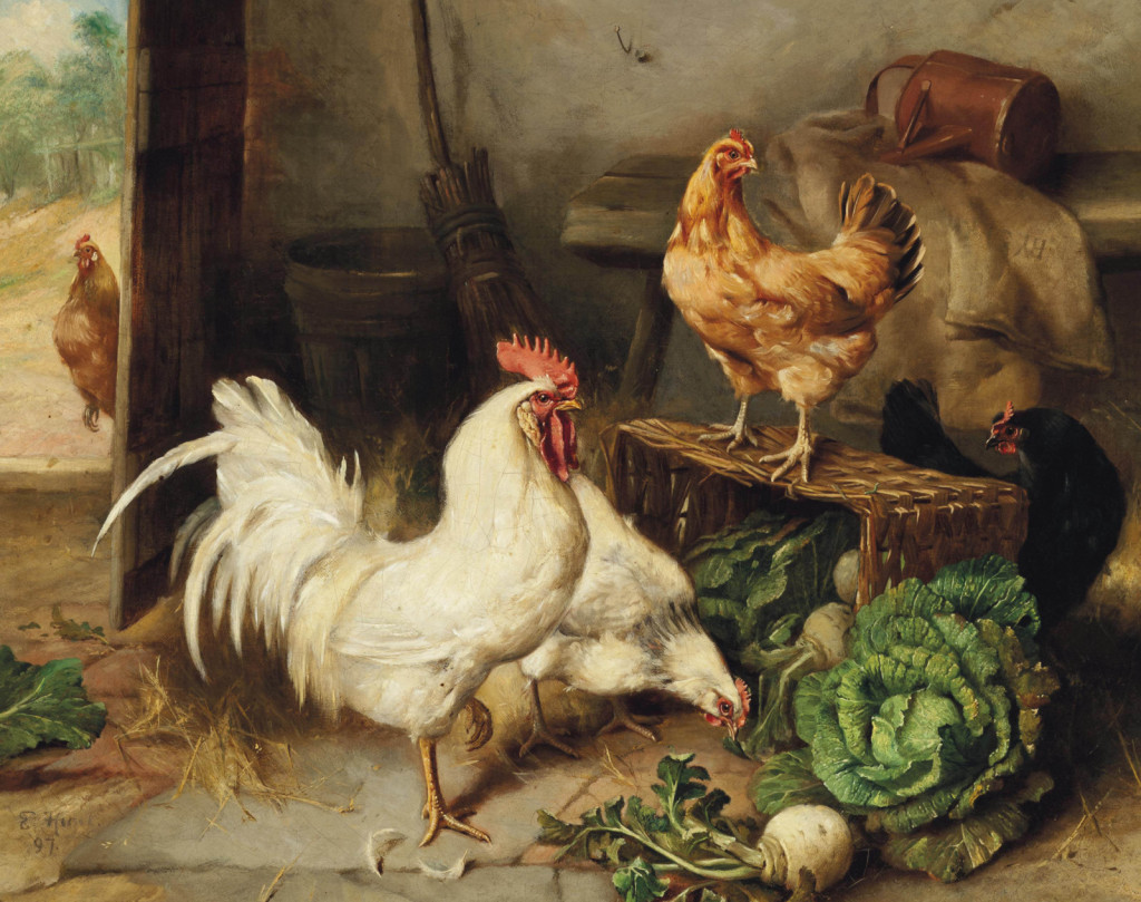 Edgar Hunt: Petelin in kokoši v skednju, 19. stoletje